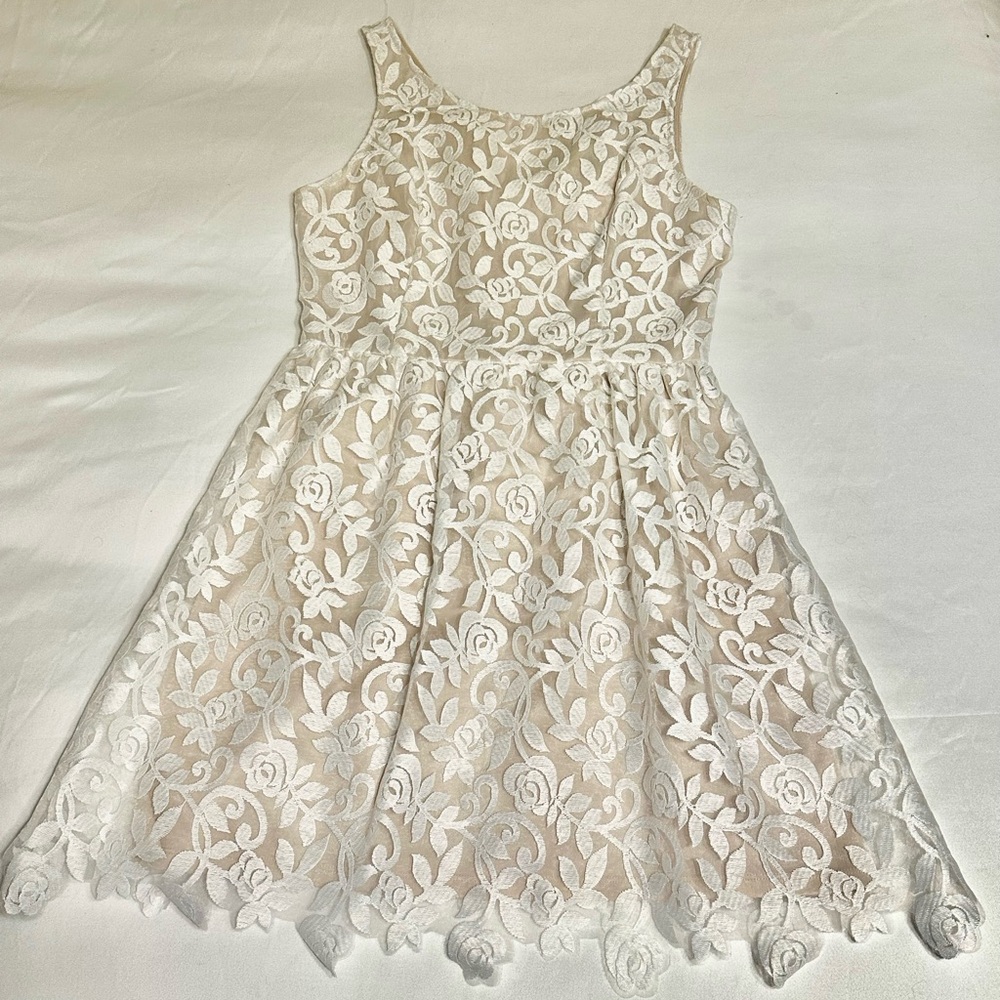 White lace dress with nude underlay.